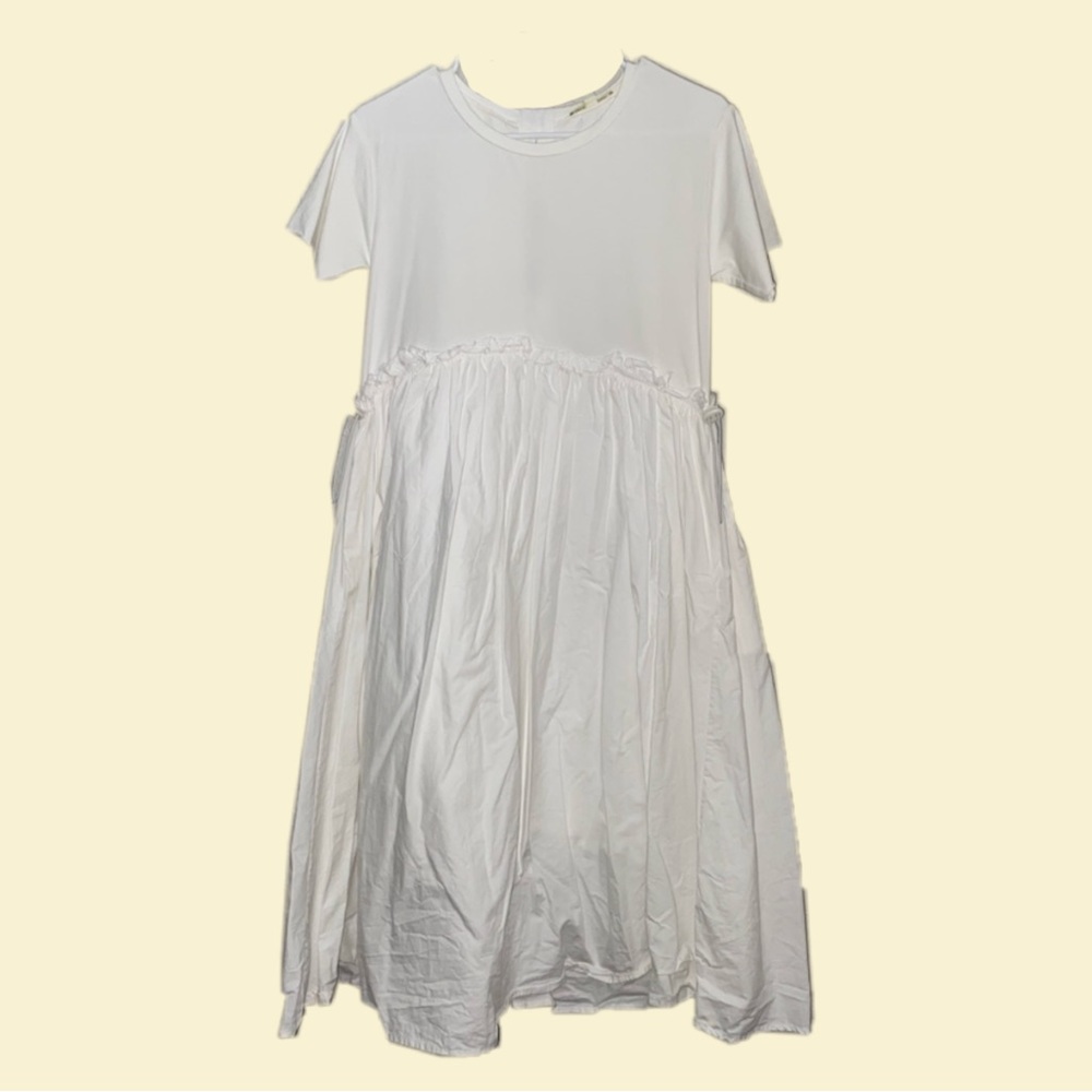 White, cinching, ruffle, midi dress